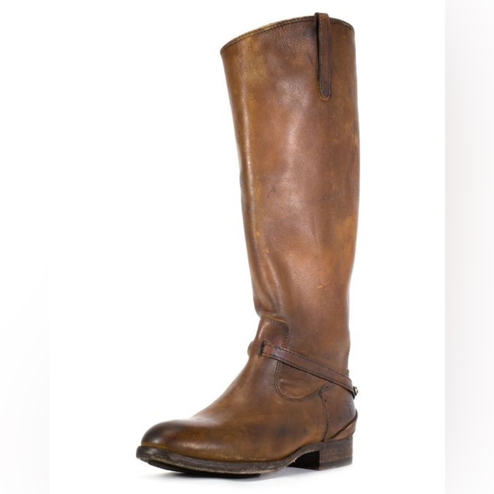 Frye Lindsay Leather Tall Riding Block Heel Harness Boots in Brown Women's US 7